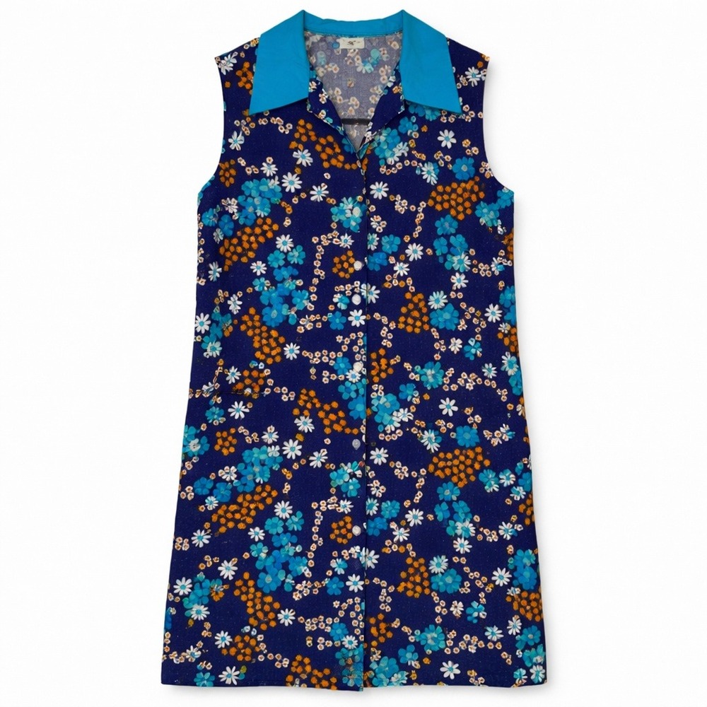 True Vintage 70s Floral Whimsical Dress Cotton Blue Psychedelic Sz M Rainbow‎